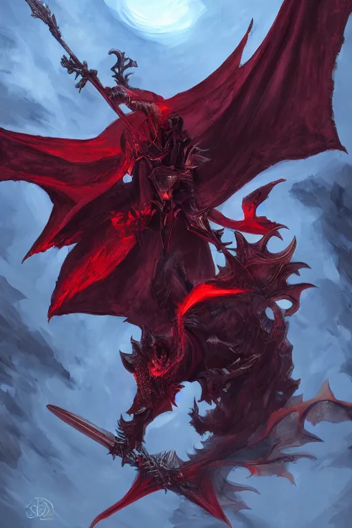 Image similar to a crimson mage riding a large bat as a dar souls boss, digital painting, trending on artstation, 8k, epic composition, intricate details, sharp focus