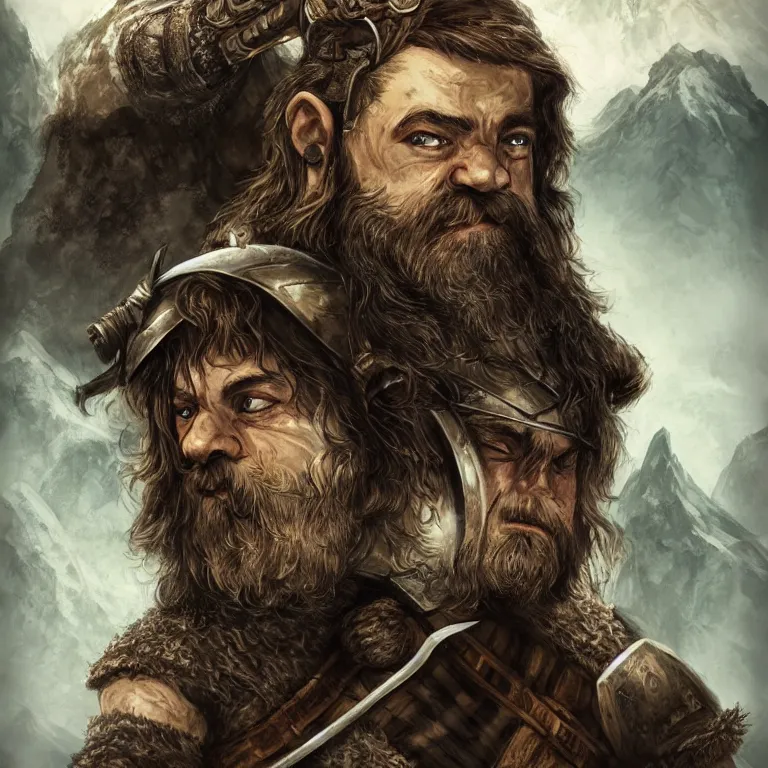 Prompt: handsome dwarf warrior in mountains, lord of the rings style, poster, character portrait, portrait, close up, concept art, intricate details, highly detailed, full body, 8 k