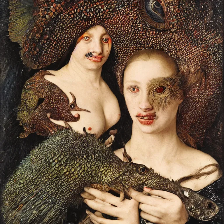 Image similar to a fish eye lense photograph of a women with goat pupils transforming herself into a beast. her skin is covered in scales and feathers. painted by jan van eyck, and max ernst, trending on artstation, 8 k, award winning