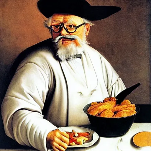 Prompt: Colonel Sanders eating cooking fried chicken in a deep fat fryer. Painted by Caravaggio, high detail