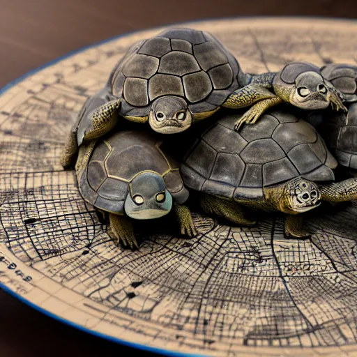 Prompt: a stack of turtles beneath a round disc map, turtle s