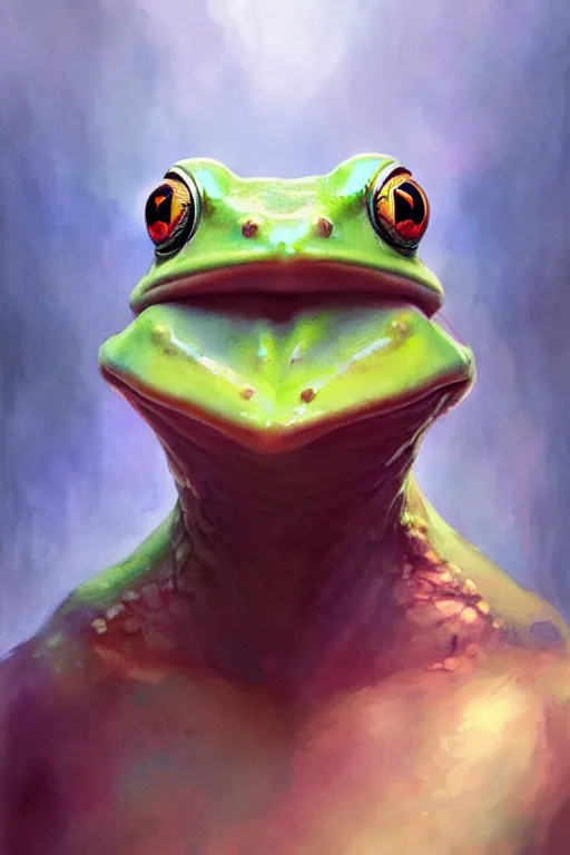 Prompt: a portrait of a stunning humanoid frog, by mandy jurgens and pete mohrbacher and greg rutkowski, in frame, low angle, detailed facial features, fantasy, d & d