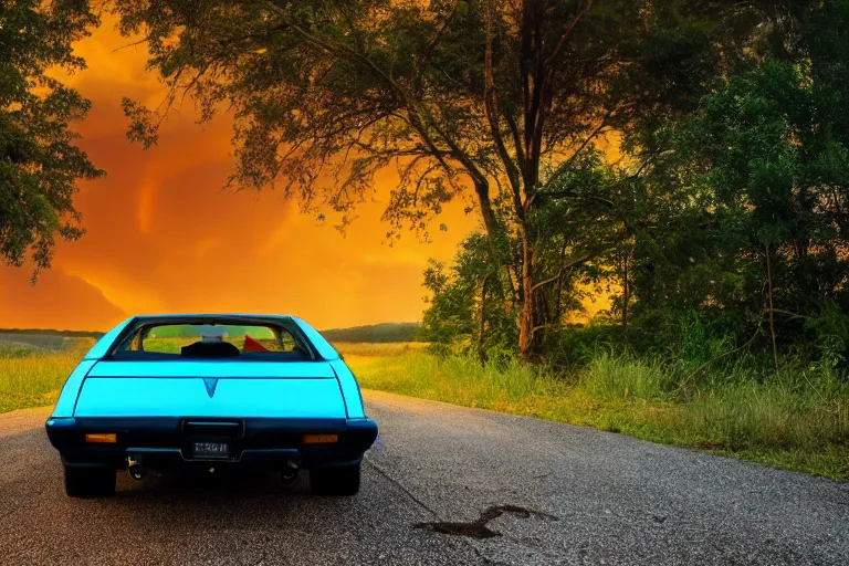 Image similar to pontiac firebird with glowing paint, sunrise, eerie light, fireflies, dog watching the car, dramatic, cinematic, forest, horror, sunbeams, volumetric lighting, wide shot, low angle, lightning storm hitting the car, ground cracking open to reveal a portal to hell