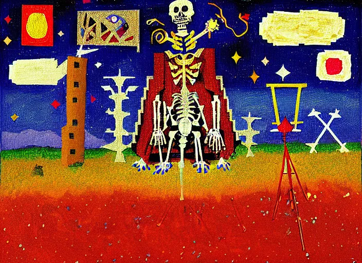 Image similar to pixel decollage painting tarot lovers card composition tower of babel road red armor maggot bear and wonky alien frog skeleton knight on a horse in a dark red cloudy night sky with golden foil jewish stars and diamonds, mountain lake and blossoming field in background, painted by Mark Rothko, Helen Frankenthaler, Danny Fox and Hilma af Klint, pixelated, neo expressionism, semi naive, pastel colors, cinematic, color field painting, cave painting, voxel, pop art look, outsider art, minimalistic. Bill Traylor painting, part by Philip Guston, Amano and Francis Bacon. art by Adrian Ghenie and Storm Thorgerson, very coherent symmetrical artwork, cinematic, hyper realism, high detail, octane render, unreal engine, Smooth gradients, depth of field, full body character drawing, extremely detailed, 8k, extreme detail, intricate detail, masterpiece