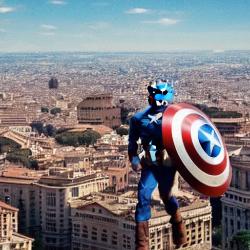 Image similar to Captain America flies over the cityscape of Rome. Filmed in the style of Wim Wenders. Cinematic, 50mm, highly intricate in technicolor