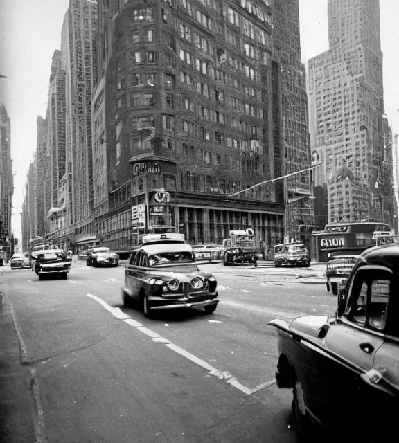 Image similar to a vintage photo of a taxi cab driving on a new york city road.