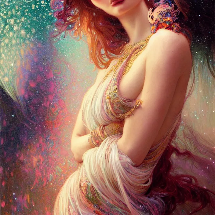 Prompt: psychedelic snowfall Emily Ratajkowski, diffuse lighting, fantasy, intricate, elegant, highly detailed, lifelike, photorealistic, digital painting, artstation, illustration, concept art, smooth, sharp focus, art by John Collier and Albert Aublet and Krenz Cushart and Artem Demura and Alphonse Mucha