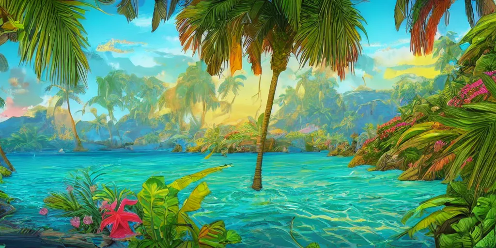 Image similar to tropical island, 8 k, high resolution, detailed drawing, beautiful hd, art nouveau, concept art, colourful, in the style of vadym meller