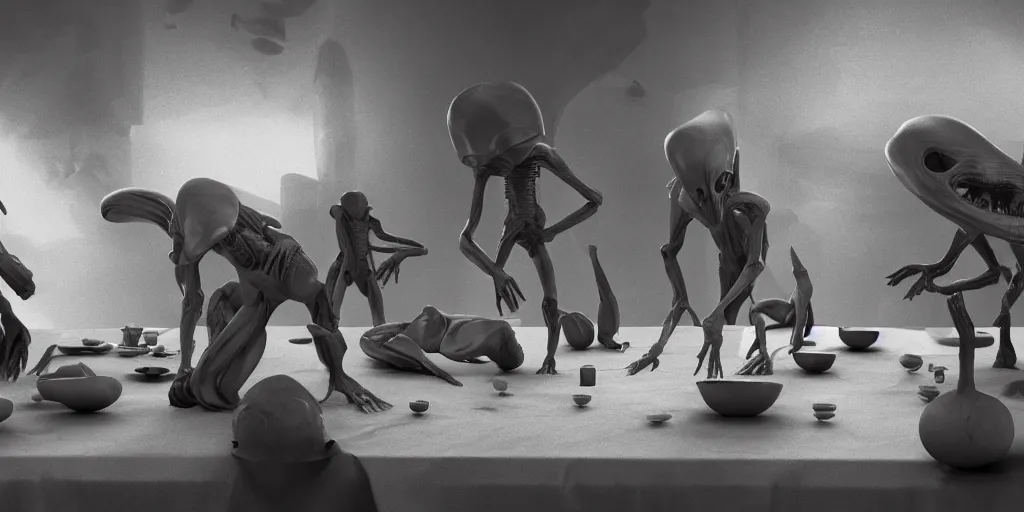 Prompt: three body problem alien, photo - realistic render, movie scene, still photo, the last supper