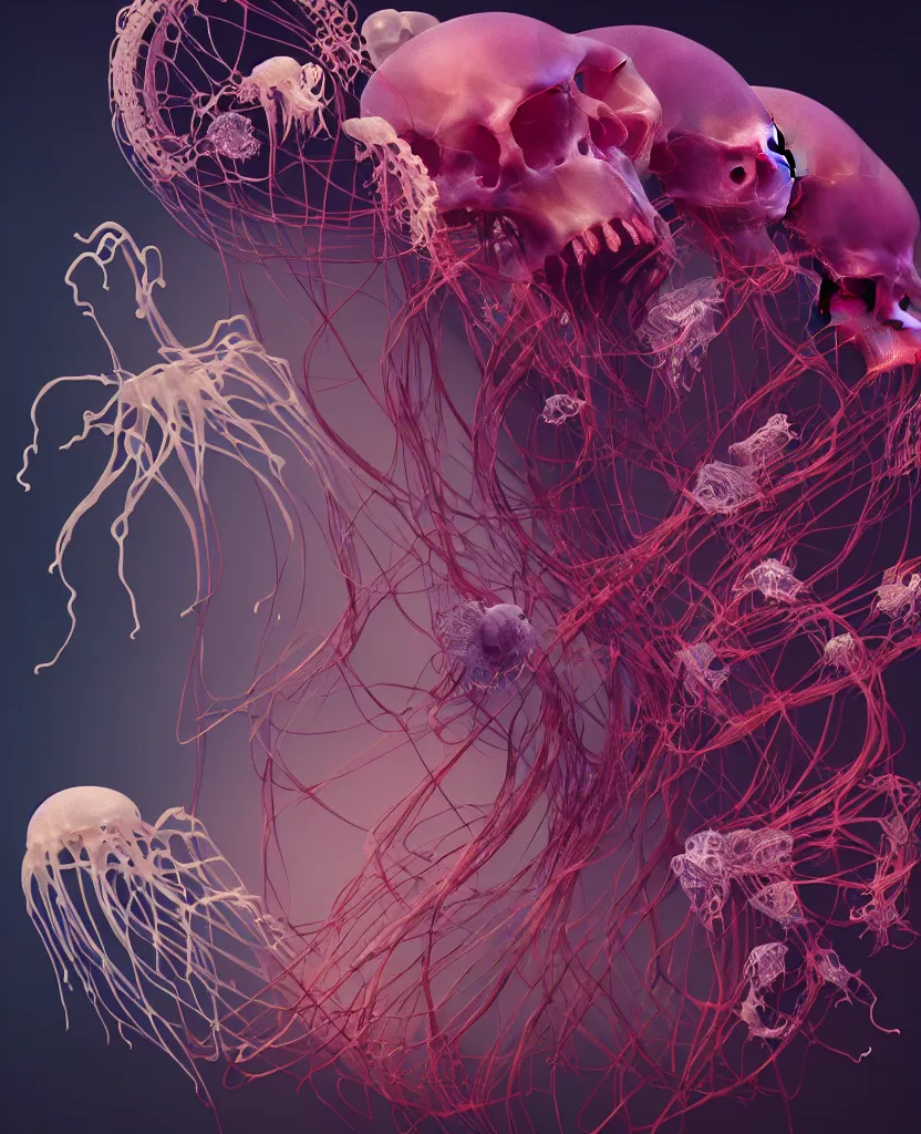 Image similar to composition of human skulls, animals skulls, bones, rib-cage. jellyfish orchids and betta fish, bioluminiscent, intricate artwork by Tooth Wu and wlop and beeple. octane render, trending on artstation, greg rutkowski very coherent symmetrical artwork. cinematic, hyper realism, high detail, octane render, 8k