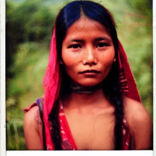 Prompt: 3 5 mm vintage portrait polaroid picture of nepali village girl posing for playboy photoshoot