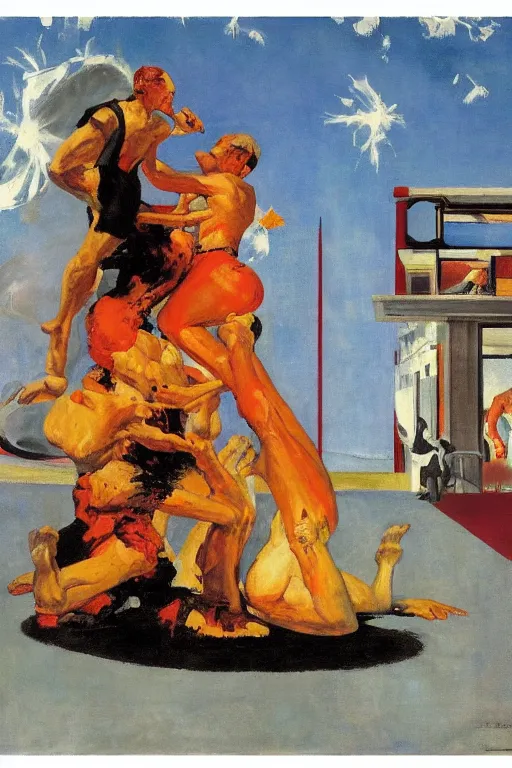 Prompt: atomic explosion, part by Edward Hopper, part by Norman Rockwell, part by Georg Baselitz, oil on canvas,