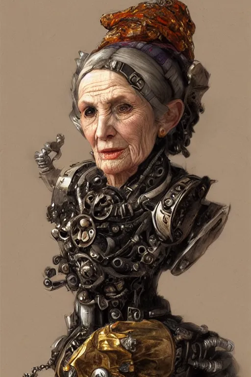 Image similar to portrait, headshot, digital painting, of a old 17th century, old lady cyborg merchant, amber jewels, implants, baroque, ornate clothing, scifi, futuristic, realistic, hyperdetailed, chiaroscuro, concept art, art by waterhouse and witkacy