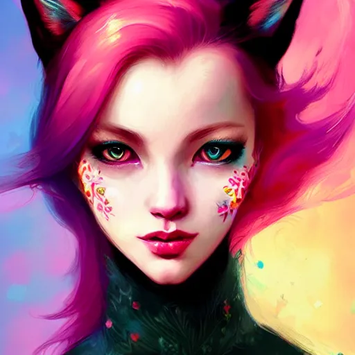 Image similar to colorful and festive cat with pink hair,. rich vivid colors, ambient lighting, dynamic lighting, 4 k, atmospheric lighting, painted, intricate, highly detailed by charlie bowater