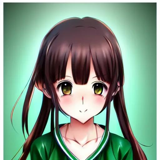 Prompt: beautiful anime high school girl, complete body view, brown hair, ponytail, white ribbon, green eyes, full perfect face, slightly smiling, detailed school background, drawn by Artgerm, Sasoura, Satchely, no distorsion