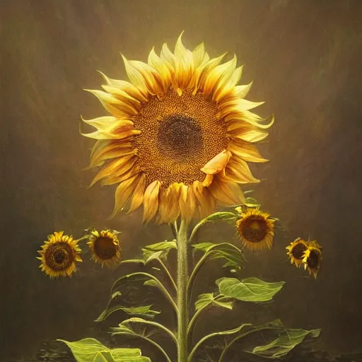 Prompt: a sunflower | highly detailed oil painting, hyperrealistic, very intrincate | cinematic lighting, award - winning | by rachel ruysch, giger, beksinski and bocklin | by austin osman spare and william blake, trending on artstation, cgsociety, official art, octane.