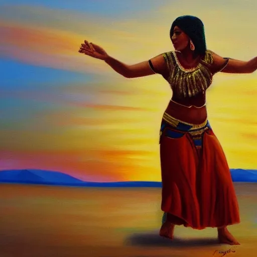 Image similar to painting of 3 5 year old mediterranean skinned woman in ancient canaanite clothing dancing with a tambourine by the ocean, sunset, other women dancing behind, trending on art station