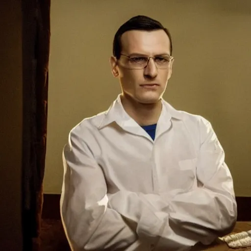 Image similar to clean shaven mateusz morawiecki in a still from the show breaking bad, 4 k, high quality, very mateusz morawiecki, desert, slight yellow hue