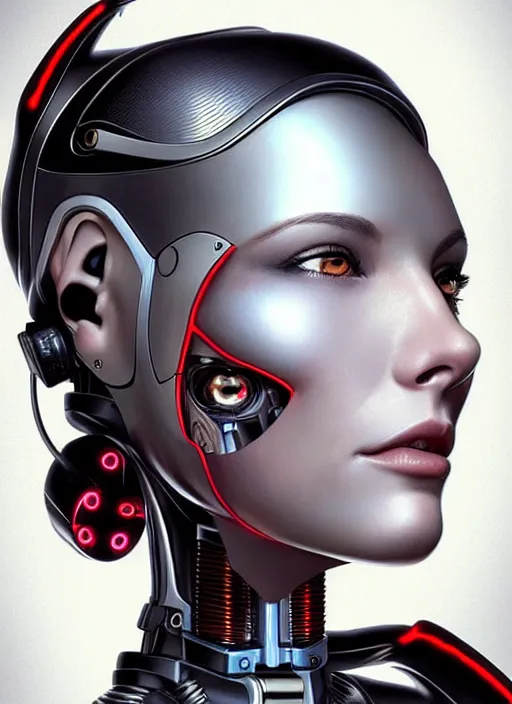 Image similar to portrait of a cyborg woman who turns her head to the ((((((right))))) left+350 (((((up+1))))) (((((down))))) by Artgerm,eyes closed , biomechanical, hyper detailled, trending on artstation
