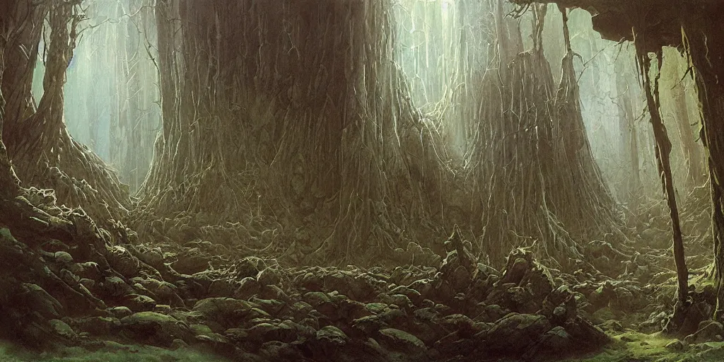 Prompt: artwork by john howe of a forest of abyss elders