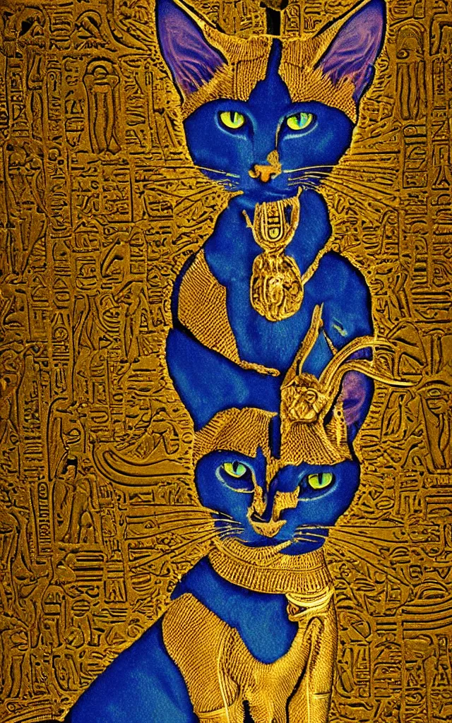 Image similar to Bastet sublime goddess Egyptian aesthetic yellow gold eyes blue fur, fine oil portrait of Bastet goddess, chromatic aberration