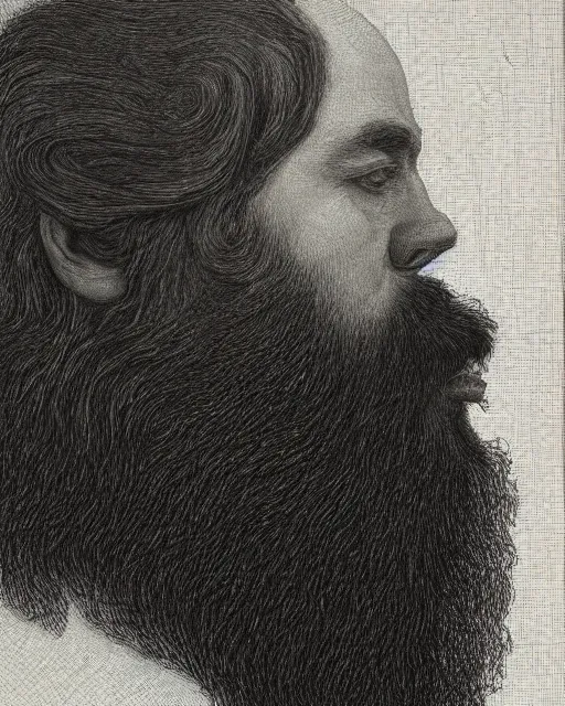 Image similar to a man's face in profile, long beard, made of fruit and flowers, in the style of the Dutch masters and Chuck Close, dark and moody