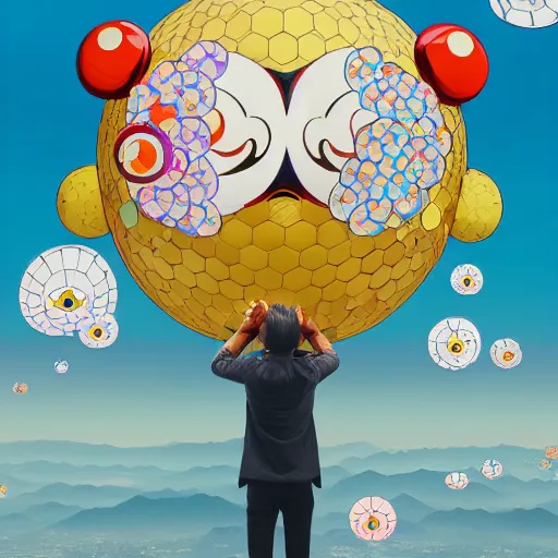 Image similar to a man walking on clouds away from the camera above kyoto by takashi murakami, beeple and james jean, aya takano color style, 4 k, super detailed, modern, 4 k, symmetrical