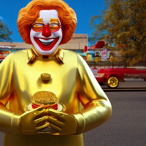Image similar to A still of Ronald McDonald surrounded by gold and diamonds, Award-winning, photograph, 3d render, unreal engine, 4k detailed