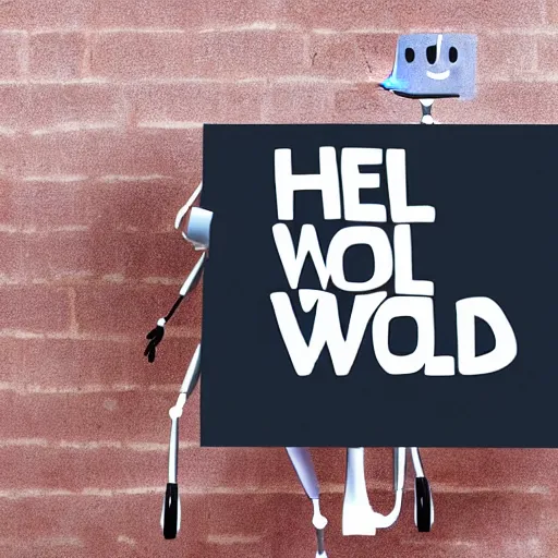 Prompt: a robot holding a sign that reads 'hello world'