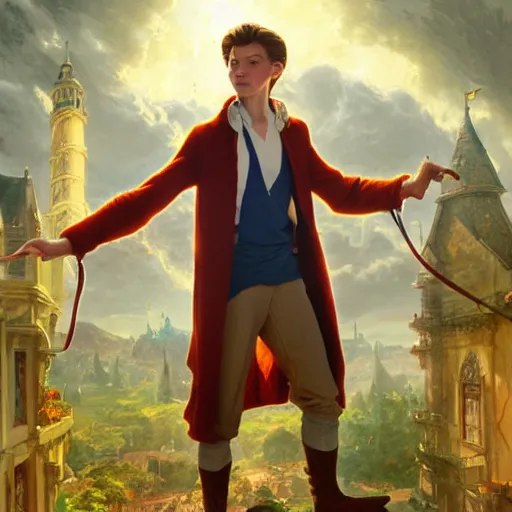 Image similar to skinny young tom holland as bell from beauty and the beast, dynamic lighting, path traced, atmospheric, highly detailed, high quality, beautiful painting, octane render, don bluth, ross tran, studio ghibli, alphonse mucha, jama jurabaev, extremely detailed, brush strokes, artstation, artgerm