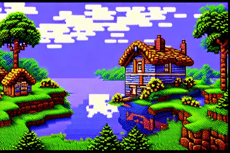 Prompt: view of a cottage above an azure lake, beautiful detailed pixelart by albertov in the style of quest for glory remake, intricate details, beautifully dithered gradients, volumetric lighting, cgsociety, artstation, 2 d