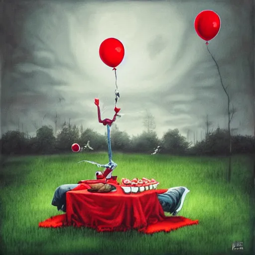 Prompt: grunge painting of a picnic with a wide smile and a red balloon by chris leib, loony toons style, pennywise style, corpse bride style, creepy lighting, horror theme, detailed, elegant, intricate, conceptual, volumetric light