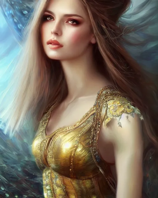 Image similar to a beautiful female, 8 k, hyperrealistic, hyperdetailed, fantasy portrait by laura sava