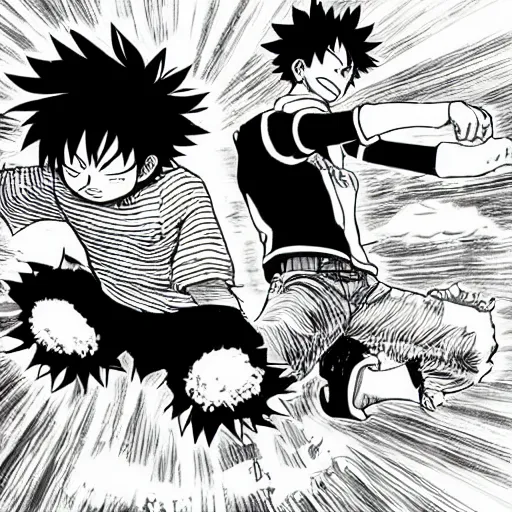 Image similar to midoriya versus luffy, Kazuki Takahashi, manga style, epic, intricate details, high details