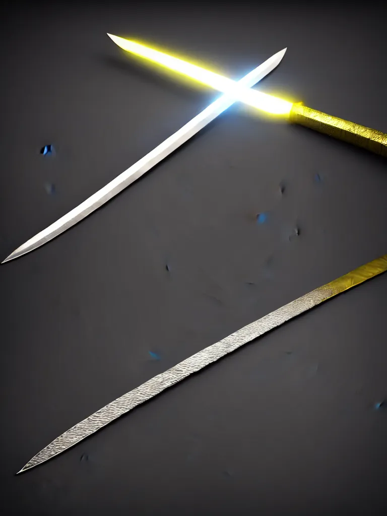 Image similar to magic long sword, proportional image, glowing blade, clean background, 3 d octane render, blade, sharp, gold, gems, cryptoblades