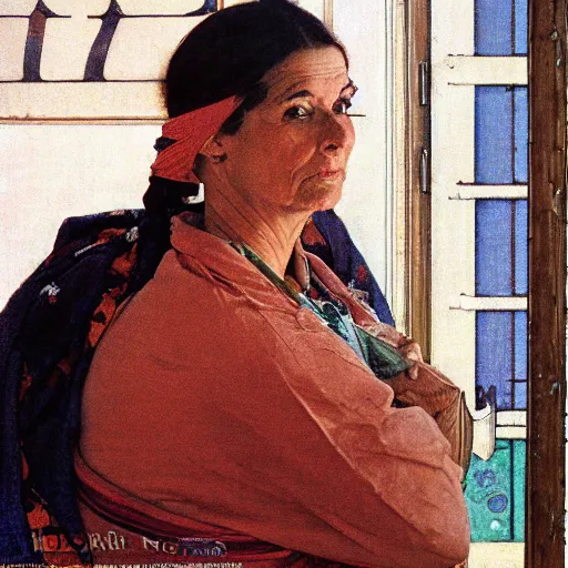 Image similar to frontal portrait of a woman wearing a kasa, by norman rockwell