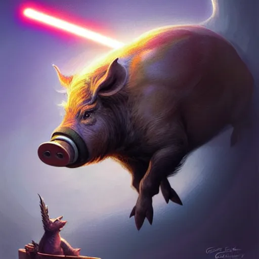 Image similar to cute anthropomorphic boar full as an jedi in a spaceship, body portrait, divine lightning, by greg rutkowski, by charlie bowater