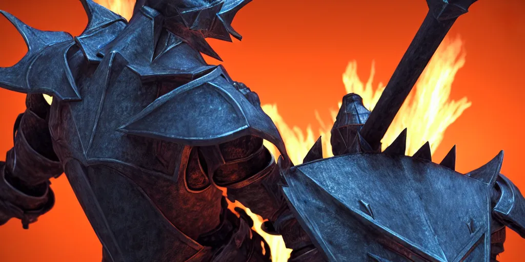 Prompt: closeup of a 3 d model of knight from behind with a lance and shield in the style of final fantasy and a 3 d model dragon in the style of monster hunter breathing fire on him, realistic, fisheye lense, blue and orange lighting, rim lighting, cinematic feel, in a forest, art by unreal engine 4, game art, trending on art station