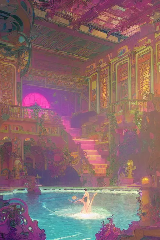 Prompt: Concept Digital Art Highly detailed Vaporwave Art Deco Cybertron lazy river inside of the Palace of the Primes with glowing pink water at night by greg rutkowski, Ilya repin, alphonse mucha, and Edmund Blair Leighton. Very highly detailed 8K, octane, Digital painting, the golden ratio, rational painting, sharp