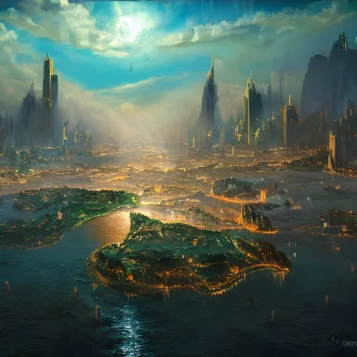 Image similar to fantasy concept art, magic city floating high in the sky, 8k, high detail