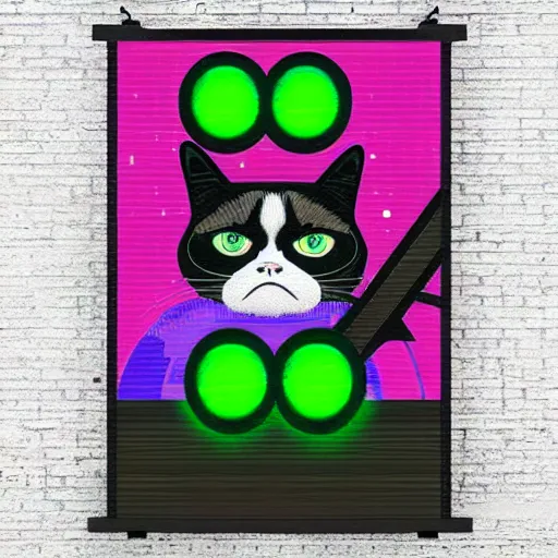 Image similar to grumpy cat with a vintage sci-fi CRT monitor for a head showing a glowing green pixelated emoji-style smiley face, matte gouche sci-fi ink illustartion on dark paper, highly detailed movie poster