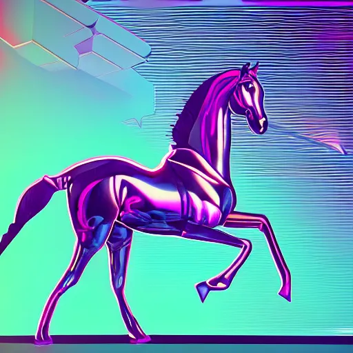 Image similar to A synthwave horse inspired by Tron. Trending on Artstation. Digital screenshot. Faded film grain. 1980s Computer Graphics.