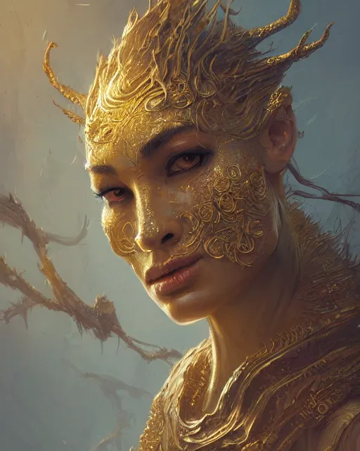 Image similar to A golden hulong resting, beautiful face, highly detailed face, close-up, fantasy art, monster art, in the style of greg rutkowski, illustration, epic, fantasy, intricate, hyper detailed, artstation, concept art, smooth, sharp focus, ray tracing