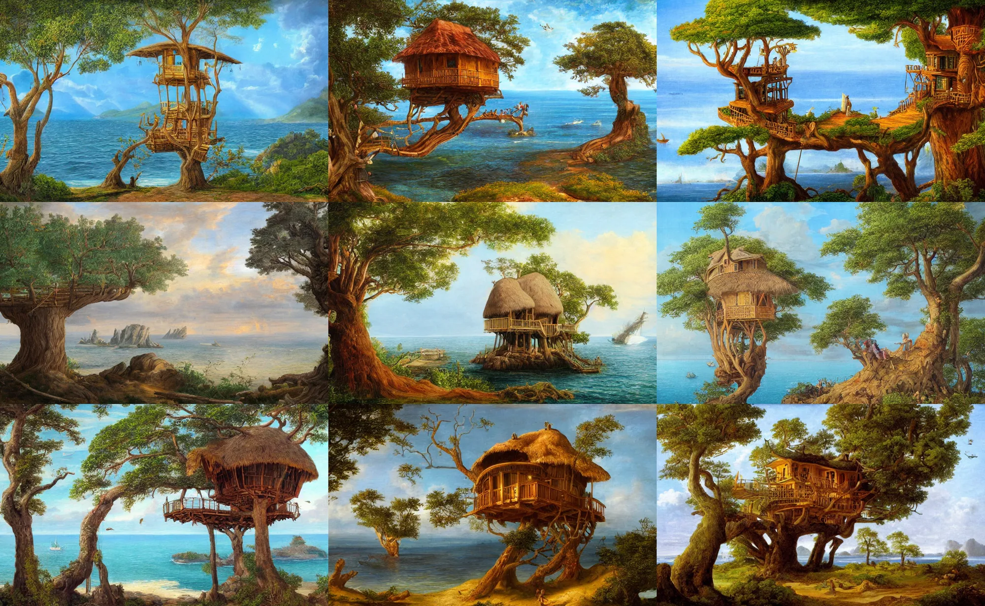 Prompt: history painting of a mystical island treehouse on the ocean