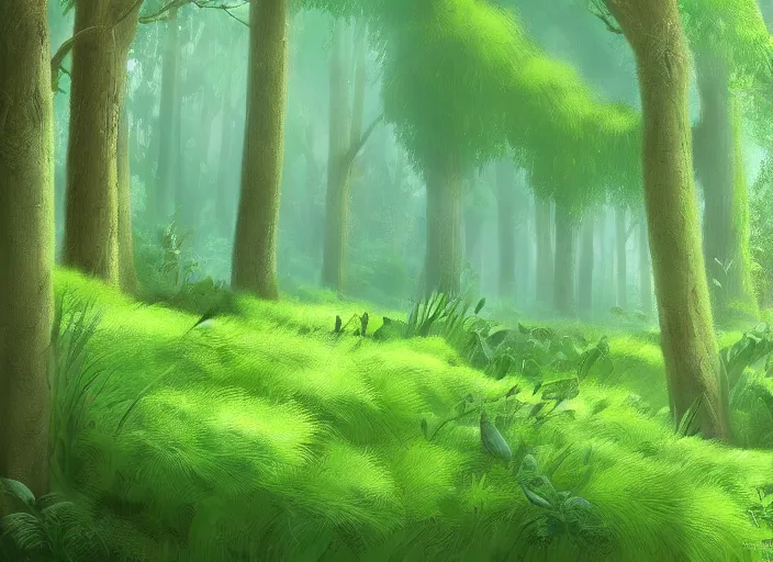 Image similar to A lush green forest by Ghibli Studio, digital art