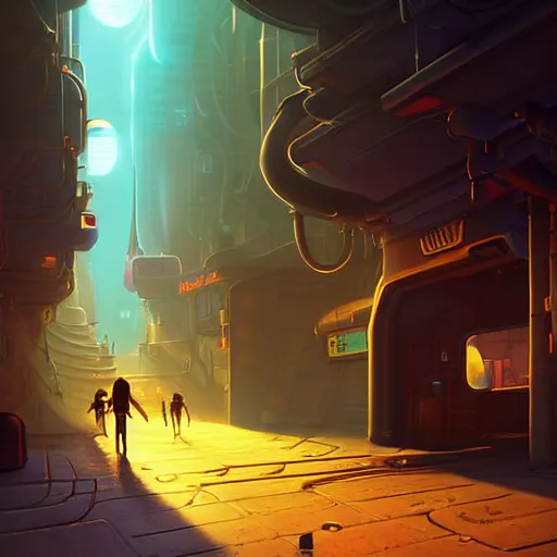 Image similar to aliens walk in alley in cybercity underbelly, golden hour by tyler edlin and petros afshar and christopher balaskas and marius borgeaud and kiliain eng, global illumination, ambient occlusion, 3 0 mm, well proportioned, highly detailed, rule of thirds