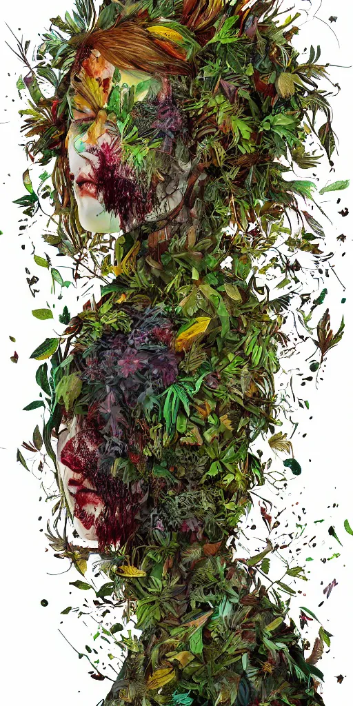 Image similar to portrait of a teenage zombie dissolving into foliage, botanicals, fruit and feathers, highly detailed, dynamic lighting, vivid colors, ambient glow, fantasy art, in the style of arimboldo, cartoonish, whimsical