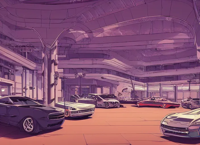 Prompt: large fancy showroom for cars but no people and no cars. sharp focus, cinematic pose, cinematic lighting, unreal engine render. art by josan gonzales and moebius and deathburger.