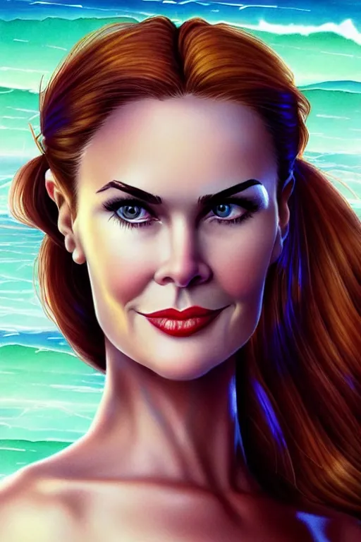 Image similar to mix of beautiful young maria shriver, mariel hemmingway, brooke shields, nicole kidman and elle macpherson as a mermaid, thin lips, hair tied up in a pony tail, dark hair, colorful, artstation, cgsociety