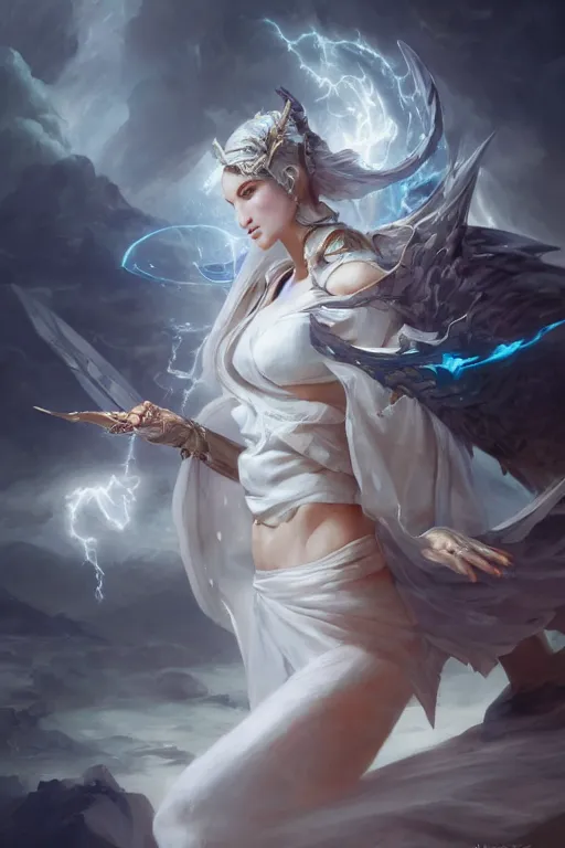 Prompt: beautiful girl warrior in white dress, casting magic spell, angel, magic storm and thunder clouds, fantasy, magic the gathering, hyper detailed, 3 d render, hyper realistic detailed portrait, peter mohrbacher, wlop, ruan jia, luis royo